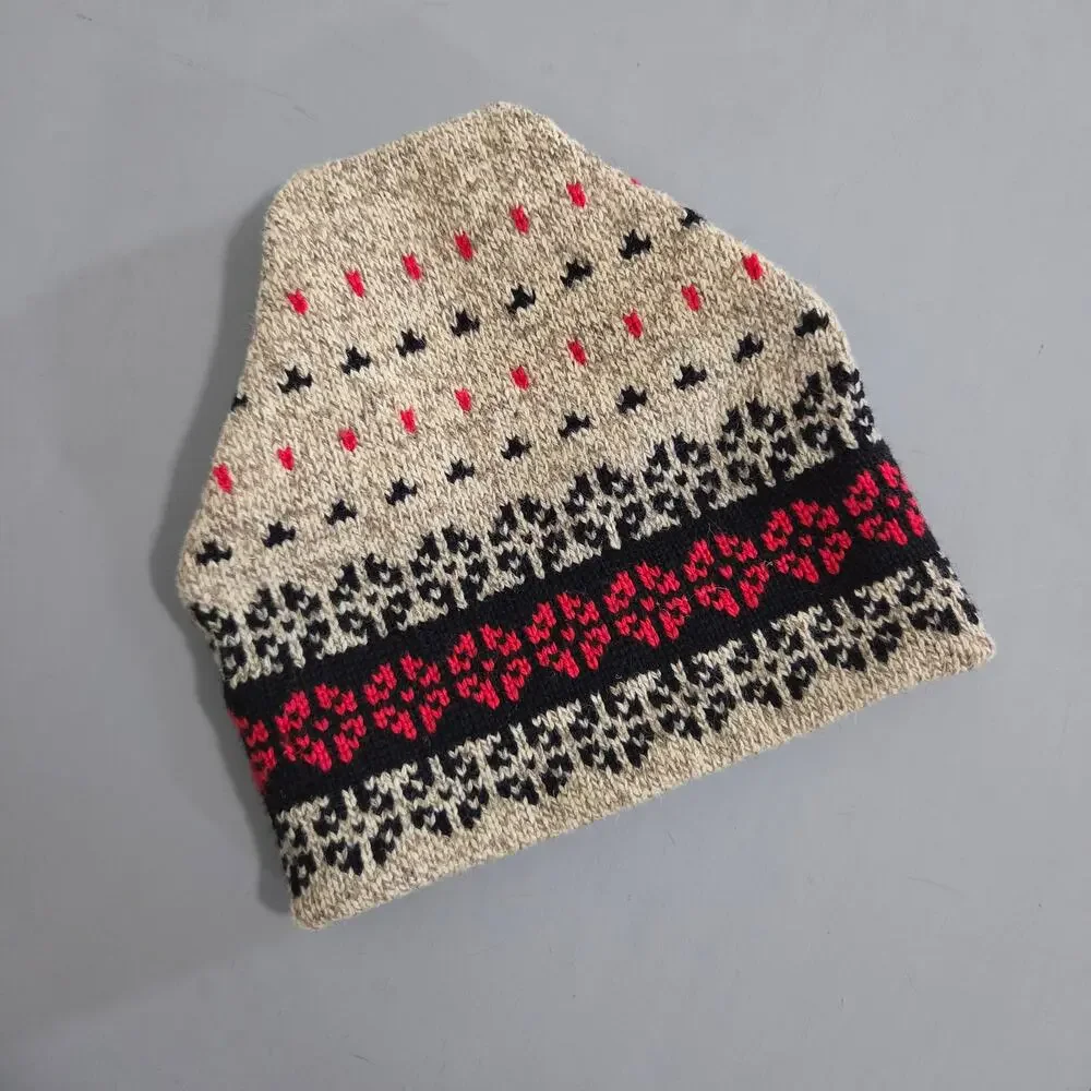 Wool Blend Fair Isle Knit Beanie Hat Brown Black Red Winter Ski Hat Made in USA